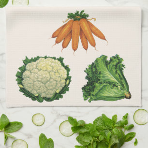 Linge De Cuisine Légumes vintages; Carottes, Chou-fleur, Laitue