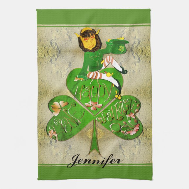 Linge De Cuisine Leprechaun Shamrock "Happy St. Patrick's" Cuisine (Vertical)