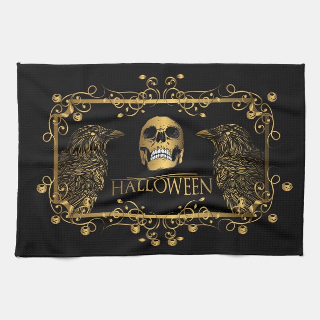 Linge De Cuisine Les crânes d'Halloween dorés se répandent (Horizontal)