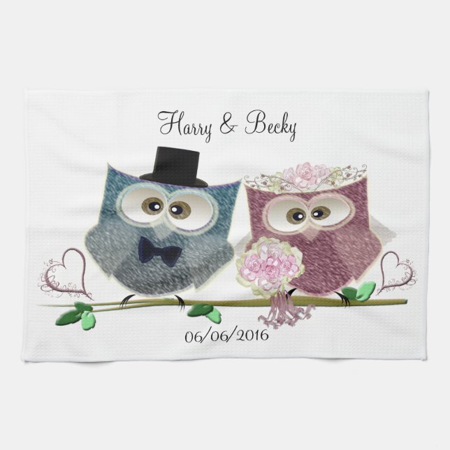 Linge De Cuisine Les hiboux mignons de mariage personnalisent la (Horizontal)