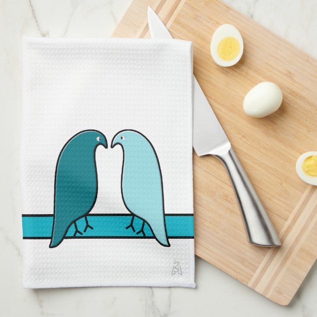 Linge De Cuisine Les Lovebirds en Aqua et Turquoise en Blanc (Quart Plié)