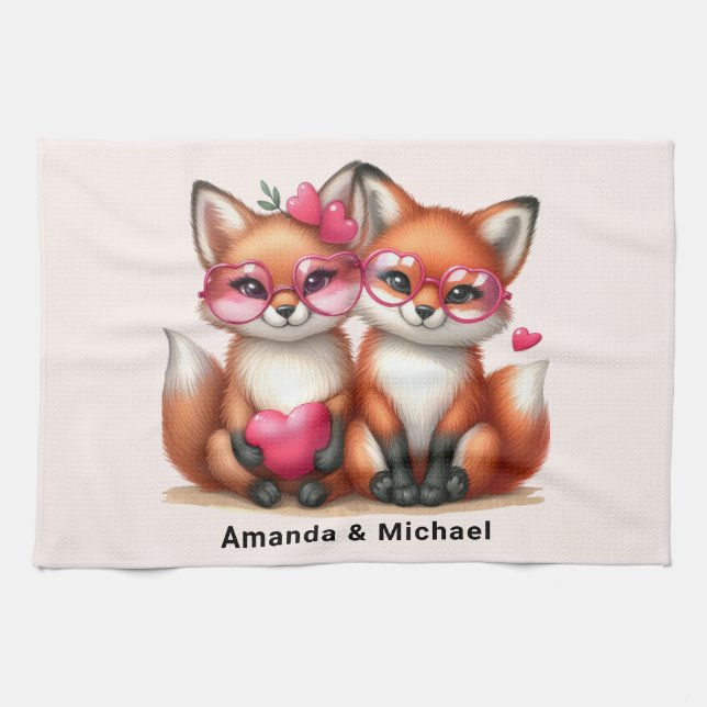 Linge De Cuisine Les mignons renards orange en amour (Horizontal)