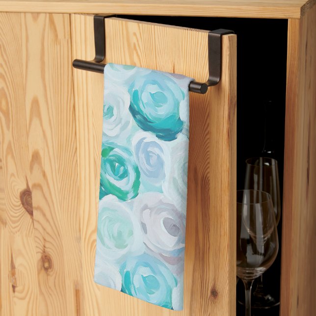 Linge De Cuisine Les Roses en bleu (Pliage en tiers)