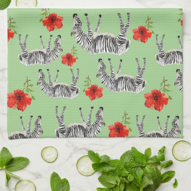 Linge De Cuisine Les zèbres parmi des ketmies fleurit le monogramme (Plié)