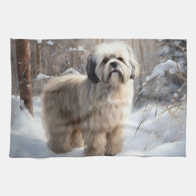Linge De Cuisine Lhassa Apso Laisse Neige Noël (Horizontal)