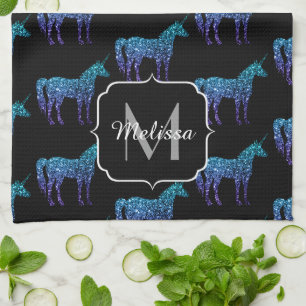 Linge De Cuisine Licorne Étincelles motif ombré bleu aqua Monogramm