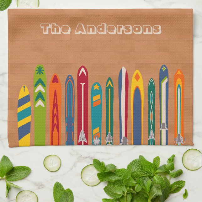 Linge De Cuisine Light Brown Vintage Skis Personalized (Plié)