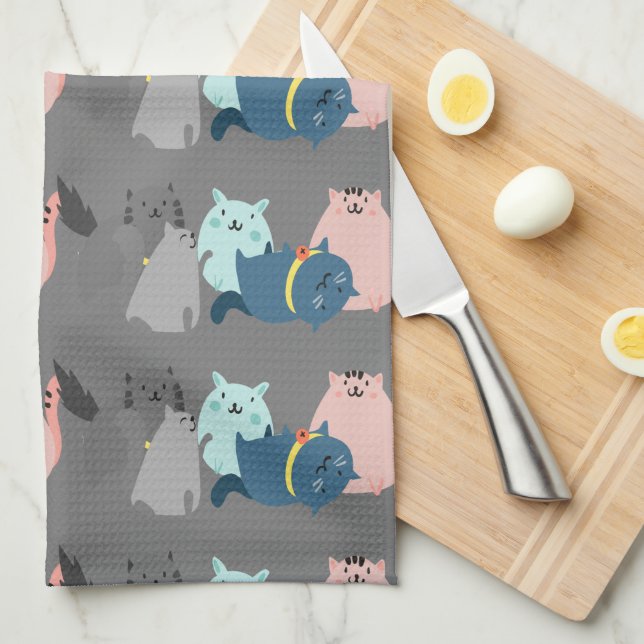 Linge De Cuisine Ligne d'art graphique Dessin Cartoons de chat (Quart Plié)