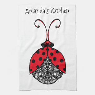 Linge De Cuisine Ligne rouge noir et blanc, enchevêtrement ladybug