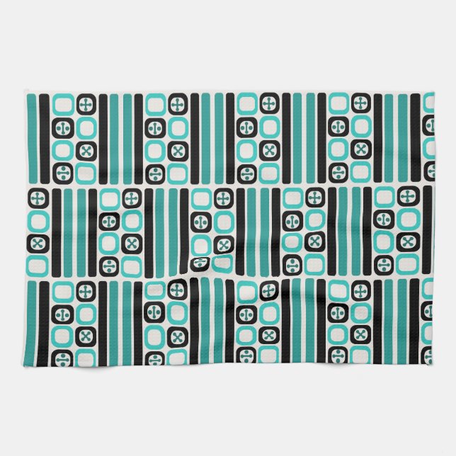 Linge De Cuisine Lignes Carrés Retro Atomic Art Turquoise (Horizontal)