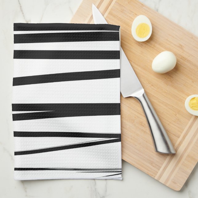 Linge De Cuisine Lignes noires et blanches modernes Art Abstrait (Quart Plié)
