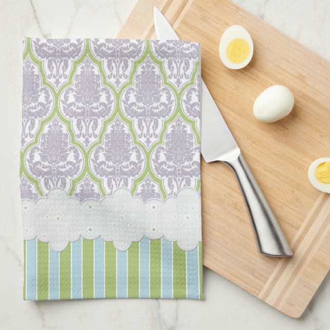 Linge De Cuisine Lilas chic minable de damassé et thé vert (Quart Plié)