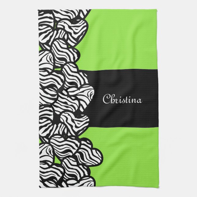 Linge De Cuisine Lime vert noir blanc zèbre motif nom du coeur (Vertical)