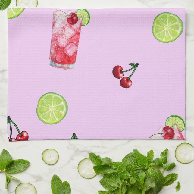 Linge De Cuisine Limes Cerises Cocktails Roses (Plié)