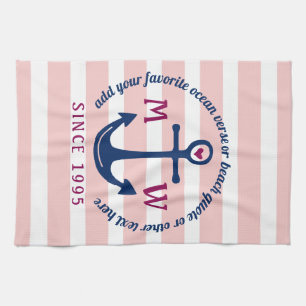 Linge De Cuisine Logo du monogramme nautique en Ancre rose du coeur