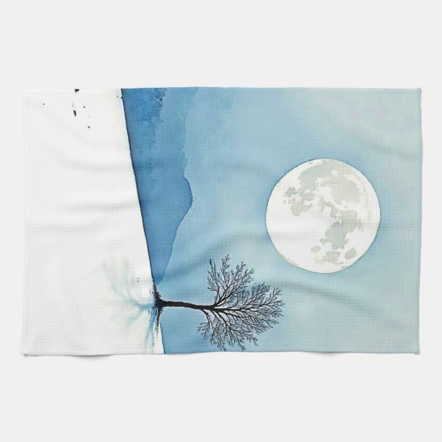 Linge De Cuisine Lone Tree: Serene Full Moon Silence Art (Horizontal)