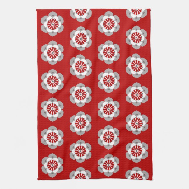 Linge De Cuisine Lotus Flower Mandala, rouge foncé, gris et blanc  (Vertical)