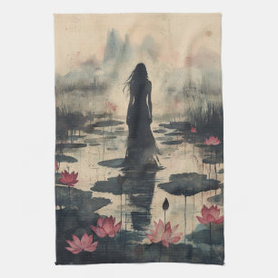 Linge De Cuisine Lotus mélancolique sous brume à l'aquarelle (1)