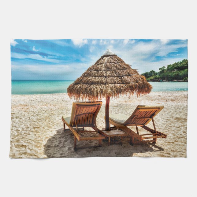 Linge De Cuisine Lounge on beach throw pillow (Horizontal)