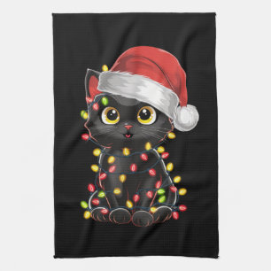 Linge De Cuisine Lumières de sapin de Noël chat noir drôle de chato