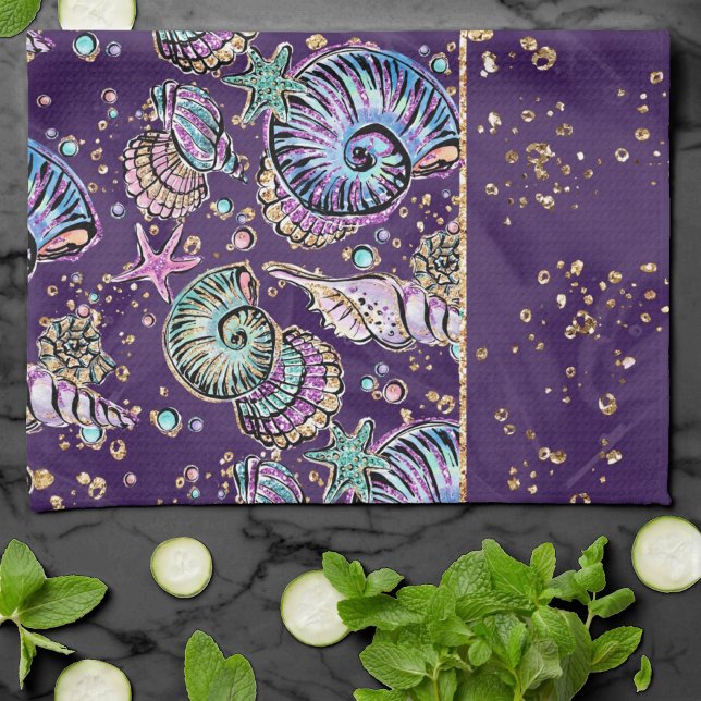 Linge De Cuisine Luxe violet sous-marine | Dark Pastel Gold Sea Lif (Créateur téléchargé)