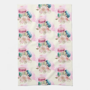 Linge De Cuisine Macarons et fleurs colorés Motif d'aquarelle
