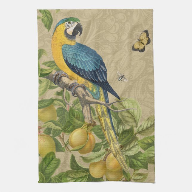 Linge De Cuisine Macaw Blue Jaune Tropical Jungle Antique (Vertical)