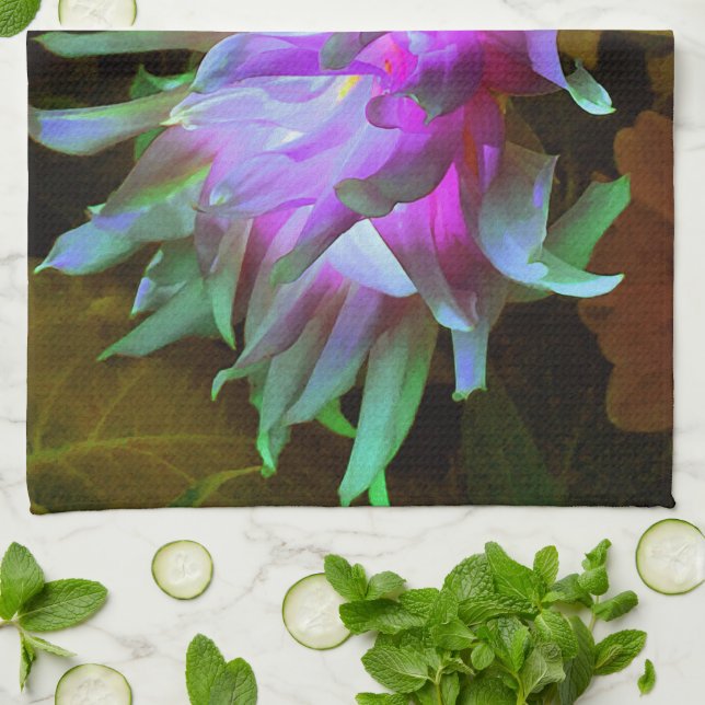 Linge De Cuisine Magenta et Lime Green Cactus Dahlia (Plié)
