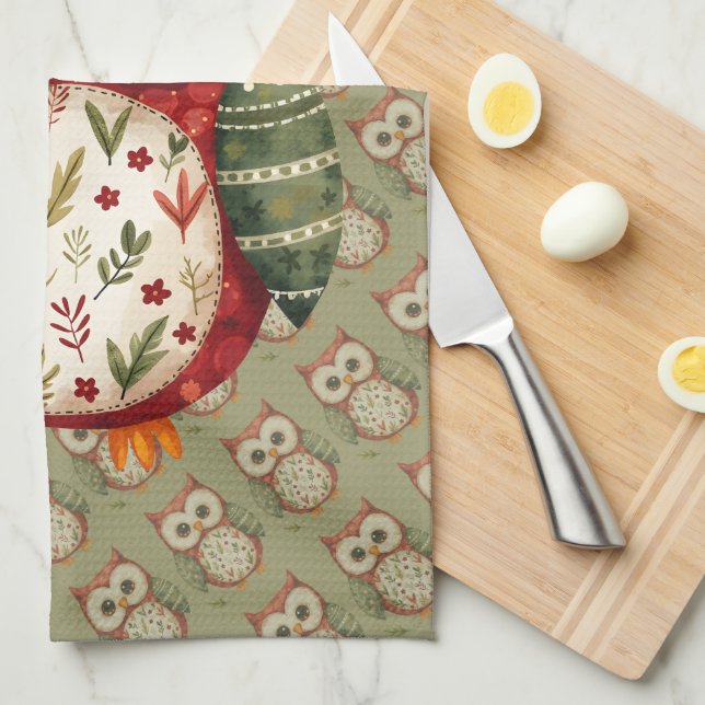 Linge De Cuisine Maisonnette en patchwork d'art populaire chouette (Quart Plié)