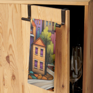 Linge De Cuisine Maisons colorées et arbres à l'automne