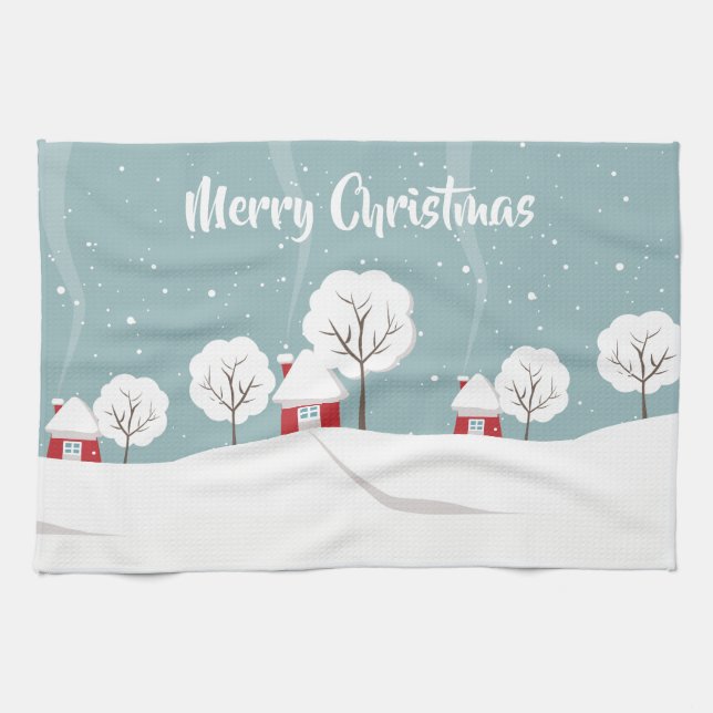 Linge De Cuisine Maisons de neige et arbres Noël (Horizontal)