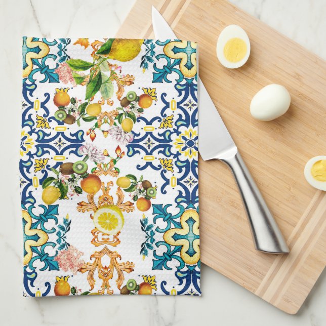 Linge De Cuisine Majolica, tuiles siciliennes, citrons agrumes  (Quart Plié)