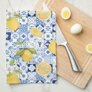 Linge De Cuisine Majolique bleue méditerranéenne et citron