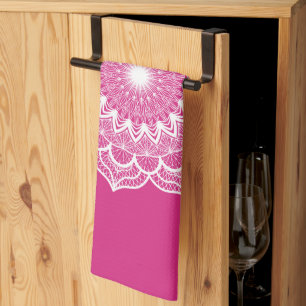 Linge De Cuisine Mandala blanc sur fond rose