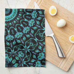 Linge De Cuisine Mandala Floral Noir Sarcelle Foncé