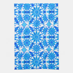 Linge De Cuisine Mandala Motif, Bleu de Cobalt, Turquoise et Blanc