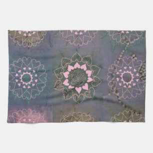 Linge De Cuisine Mandala rose en filigrane et gris de coeur
