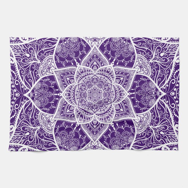 Linge De Cuisine Mandala violet et blanc - Loergann en Boysenberry (Horizontal)