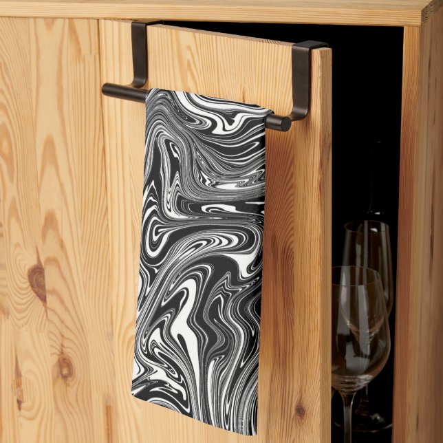 Linge De Cuisine Marbre Abstrait noir et blanc liquide (Pliage en tiers)