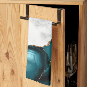 Linge De Cuisine Marbre blanc doré Turquoise Bleu Agate