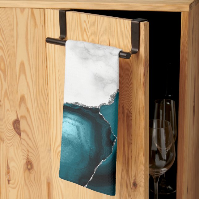 Linge De Cuisine Marbre blanc Parties scintillant argent Turquoise  (Pliage en tiers)