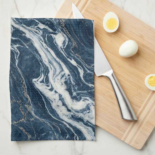 Linge De Cuisine Marbre Bleu Foncé Élégant Style Minimaliste (Quart Plié)