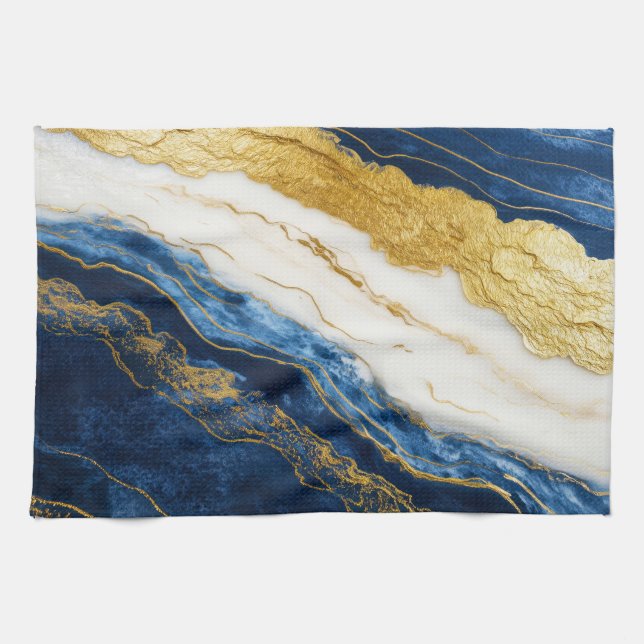 Linge De Cuisine Marbre bleu marine de luxe et feuille d'or (Horizontal)