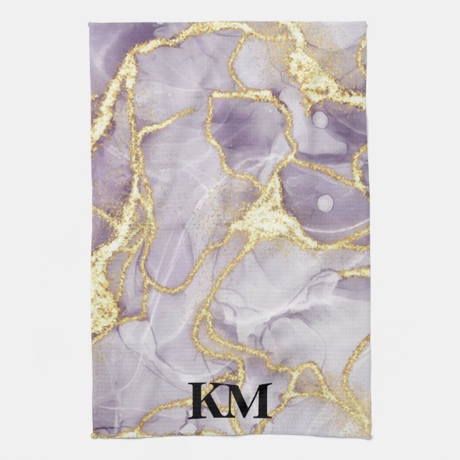 Linge De Cuisine Marbre d'encre violet et or Monogramme (Vertical)