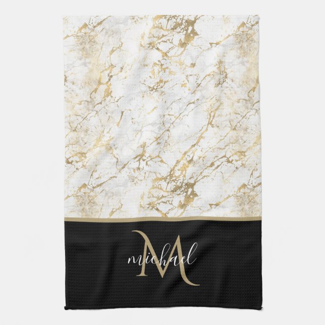 Linge De Cuisine Marbre doré et blanc avec monogramme noir (Vertical)