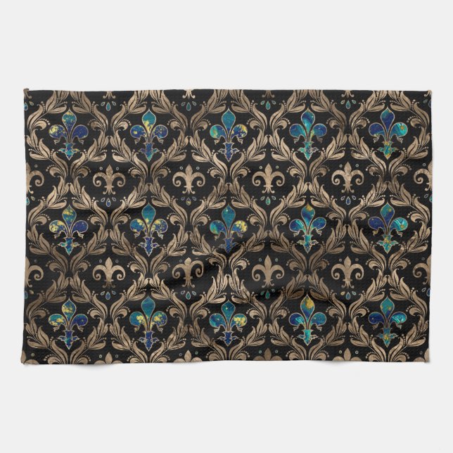 Linge De Cuisine Marbre et or motif Fleur de lis (Horizontal)