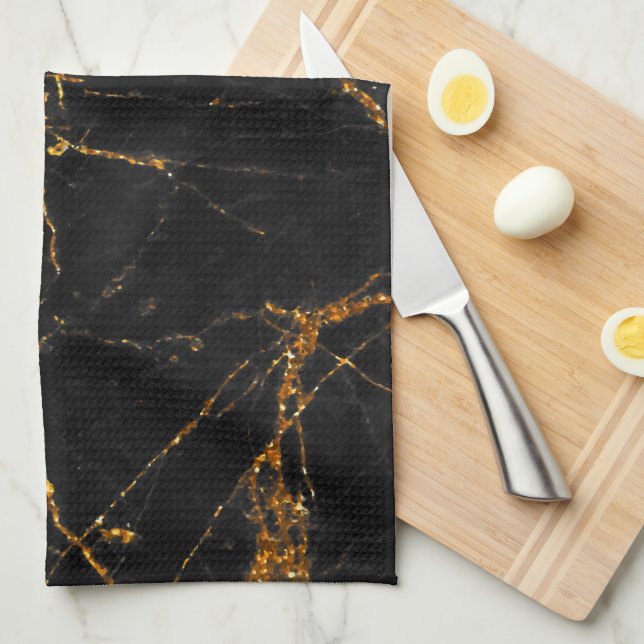 Linge De Cuisine Marbre noir d'or (Quart Plié)