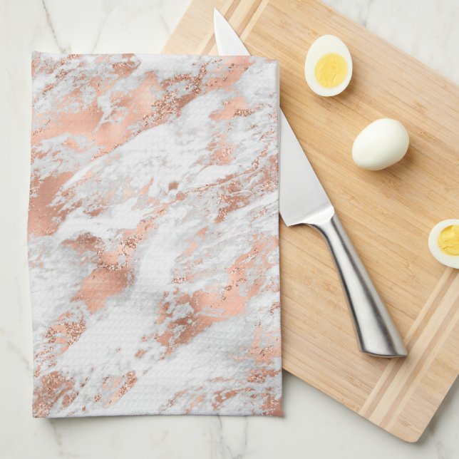 Linge De Cuisine Marbre or blanc et Rose 3 (Quart Plié)