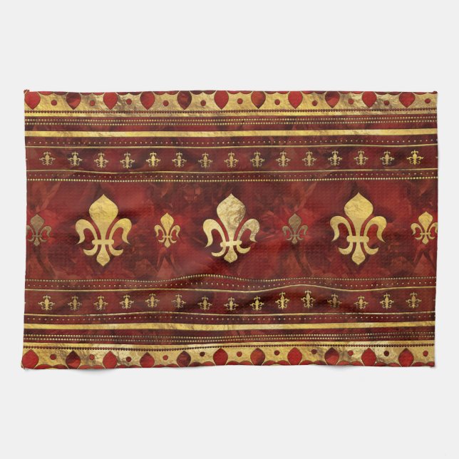 Linge De Cuisine Marbre rouge et or Fleur de lis (Horizontal)