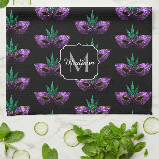 Linge De Cuisine Mardi Gras Masque Violet Éperches motif Monogramme (Plié)
